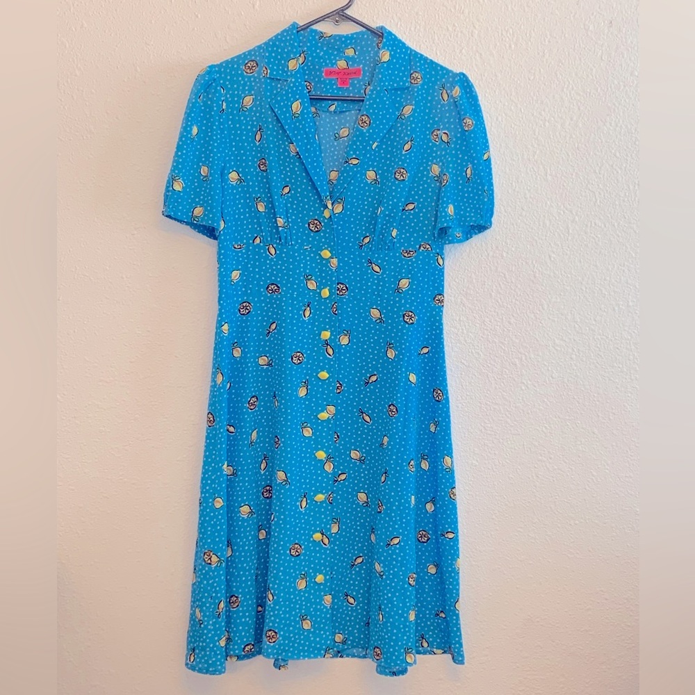 Betsey Johnson Blue Midi Dress with Yellow Lemon & Black Floral Accents